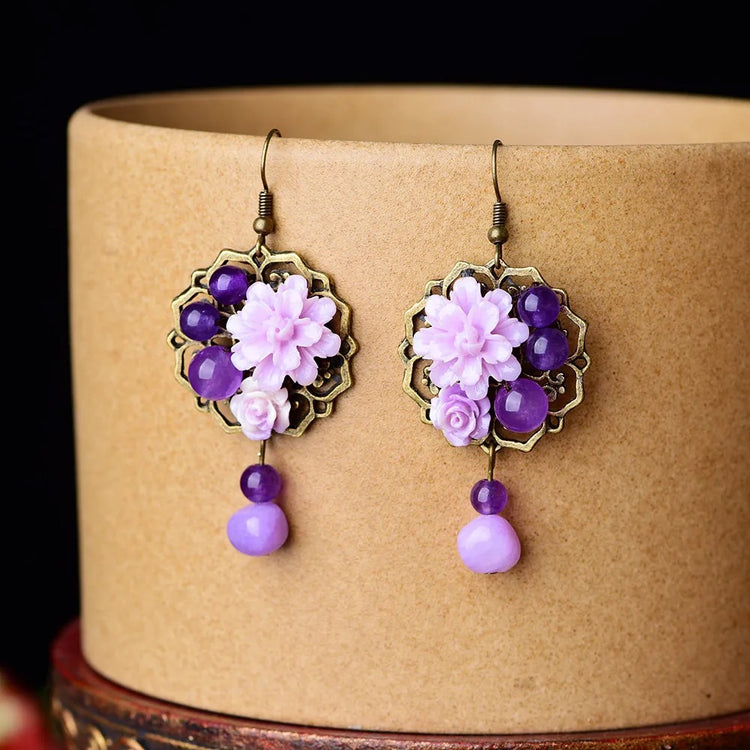 purple jade flower earrings