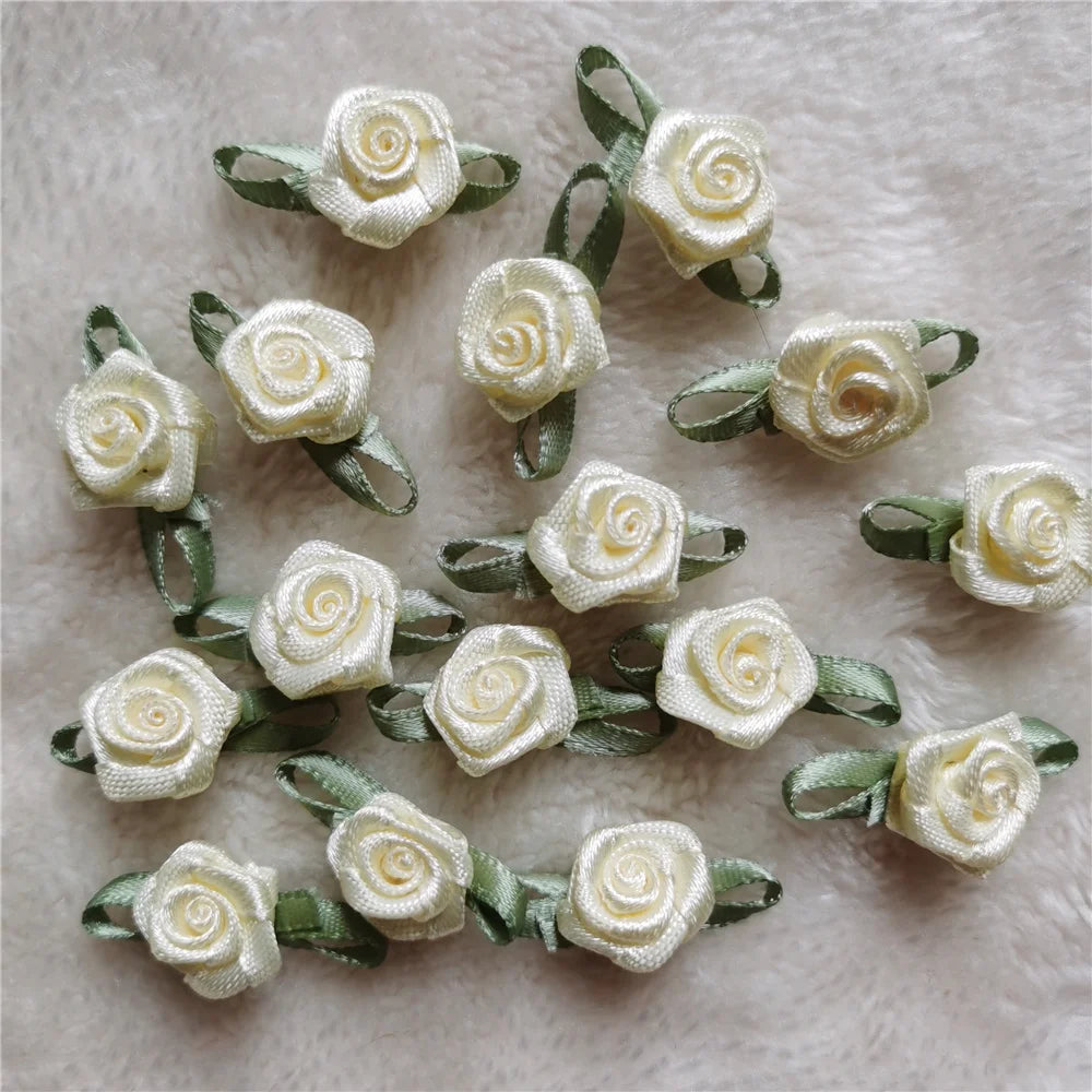 100PCS/Lot Mini Satin Ribbon Handmade Rose Flowers