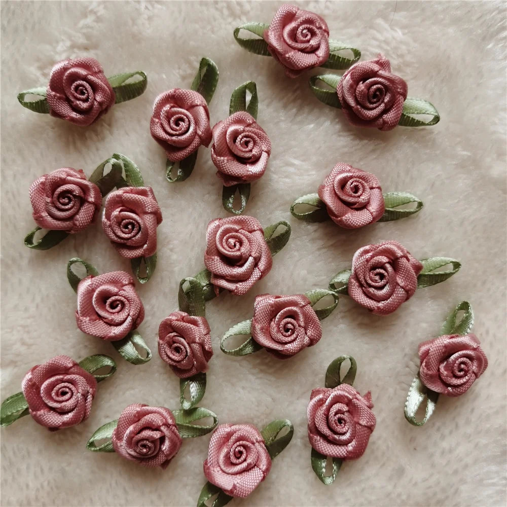 100PCS/Lot Mini Satin Ribbon Handmade Rose Flowers