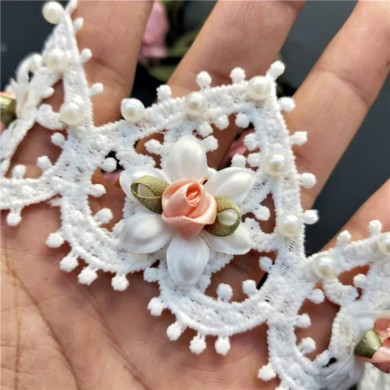 1 Yard White Heart Pearl Flower Embroidered Lace