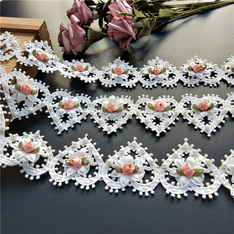 1 Yard White Heart Pearl Flower Embroidered Lace