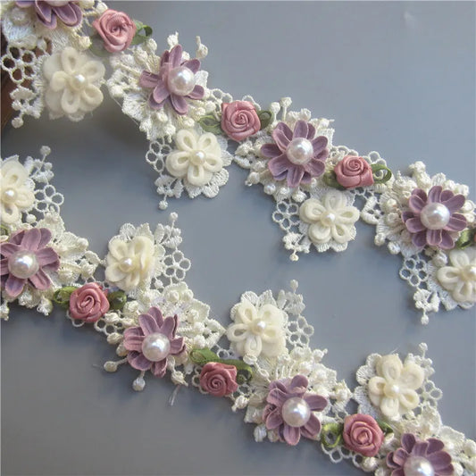 1 Yard Embroidered Rose and Pearl Lace Ribbon