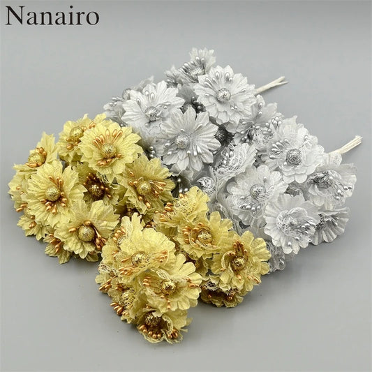 6/60Pcs Metallic Glitter Artificial Silk Flower Bouquets