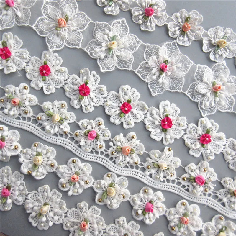 10x Multicolor Pearl Rose Lace Ribbon