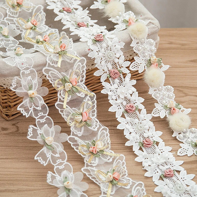 1 Yard White 3D Flower Butterfly Lace