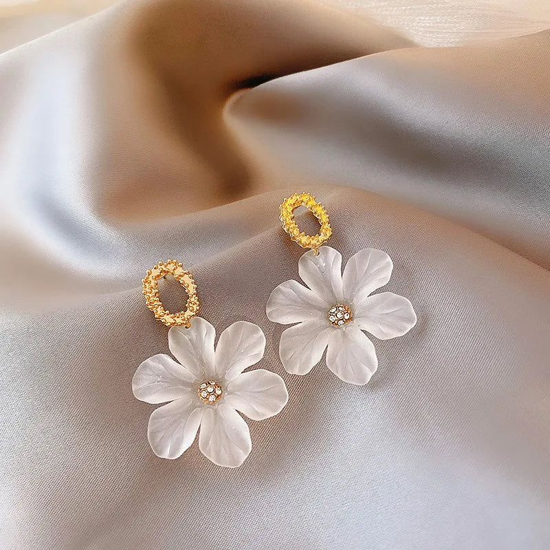 White Flower Drop Earrings