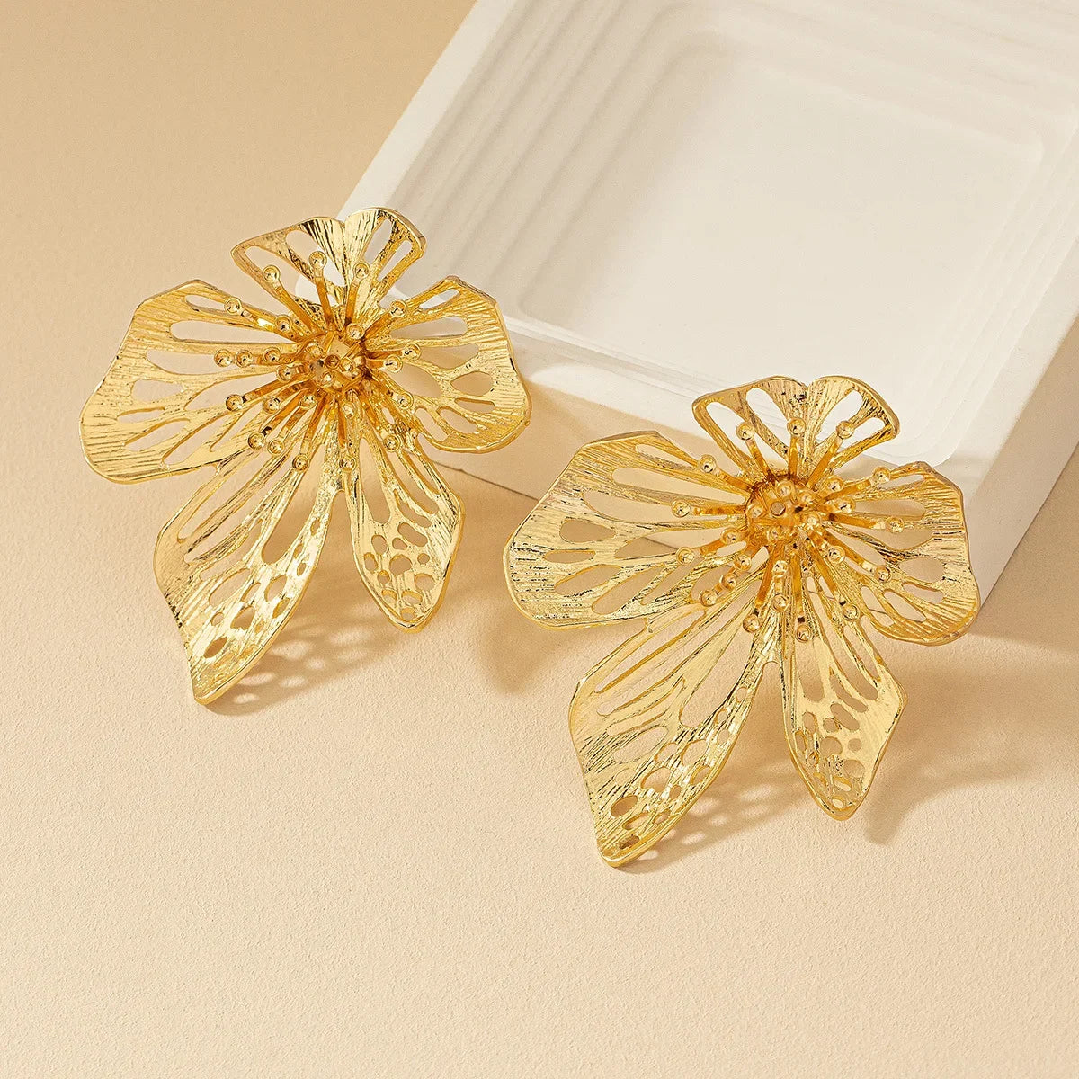 Exaggerated Metal Flower Stud Earrings