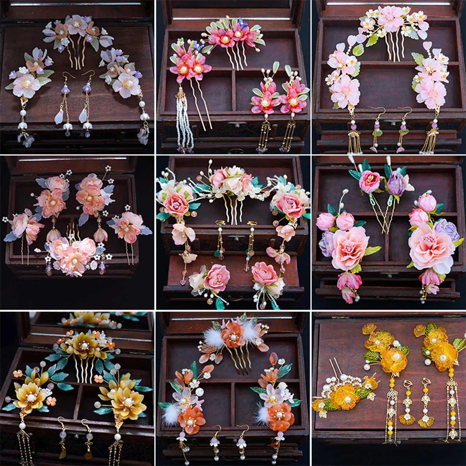 Vintage Floral Hair Stick & Earring Sets