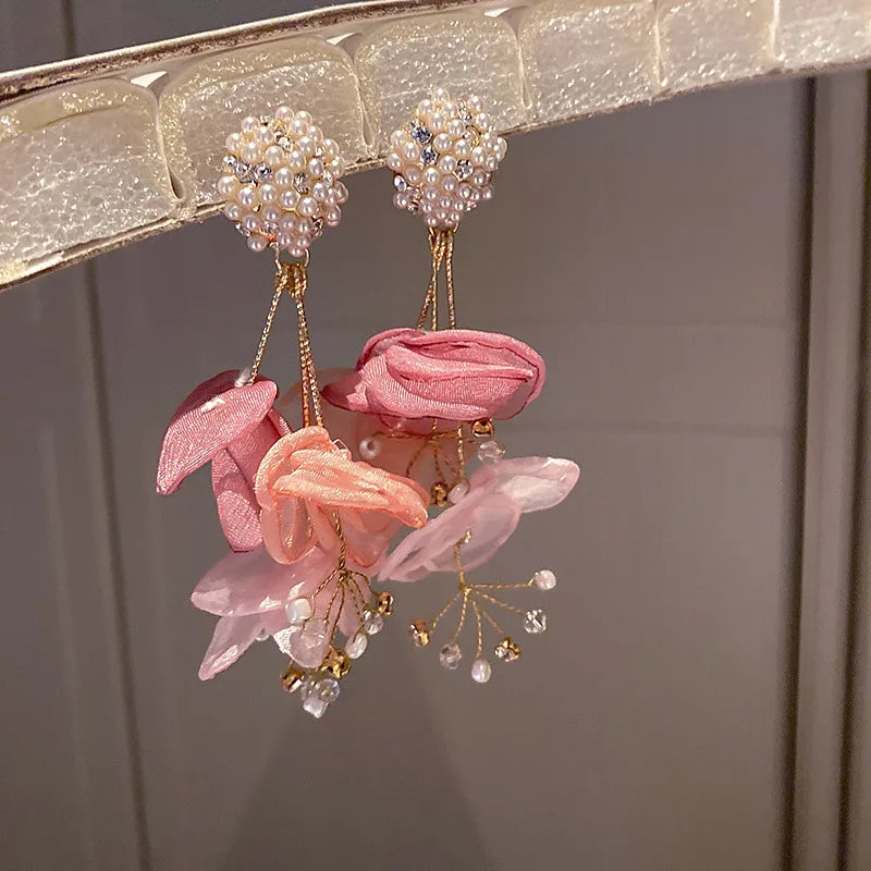 Beautiful Bohemian Pink Chiffon Flower Earrings