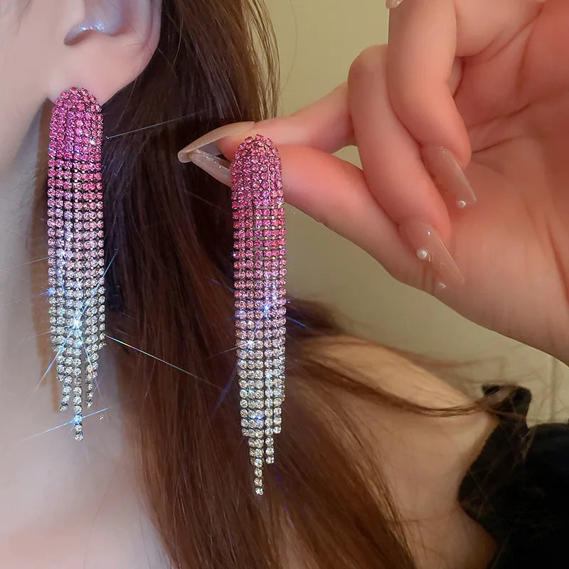 Shiny Rainbow Color Crystal Tassel Earrings