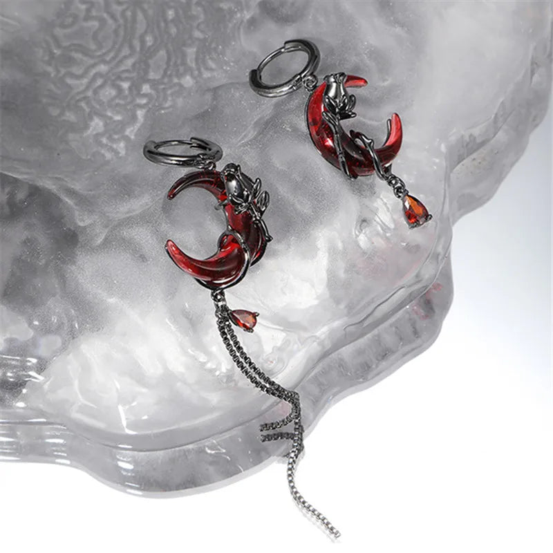 Asymmetric Red Moon Rose Goth Earrings