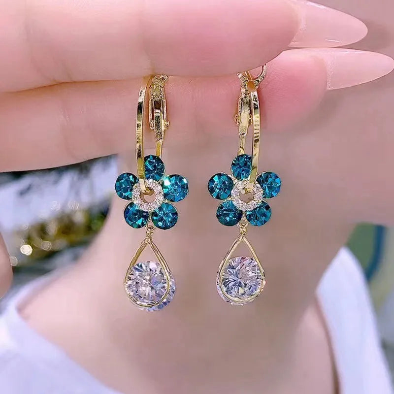 Purple Crystal Flower Dangle Earrings