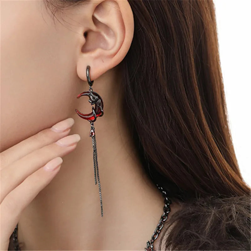 Asymmetric Red Moon Rose Goth Earrings