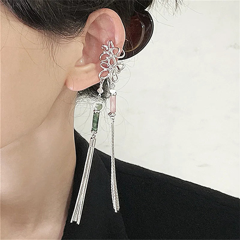 Vintage Chinese Style Artificial Jade Tassel Flower Ear Clip