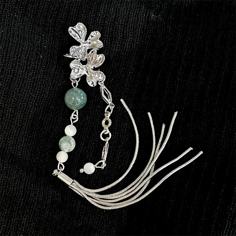 Vintage Chinese Style Artificial Jade Tassel Flower Ear Clip