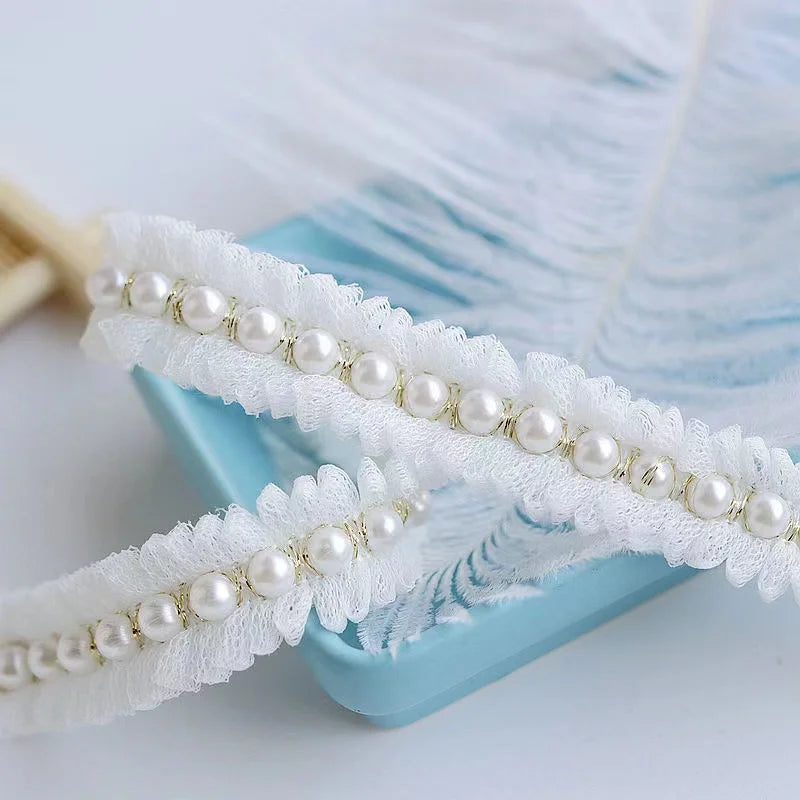 2CM Wide White Pleated Pearl Lace