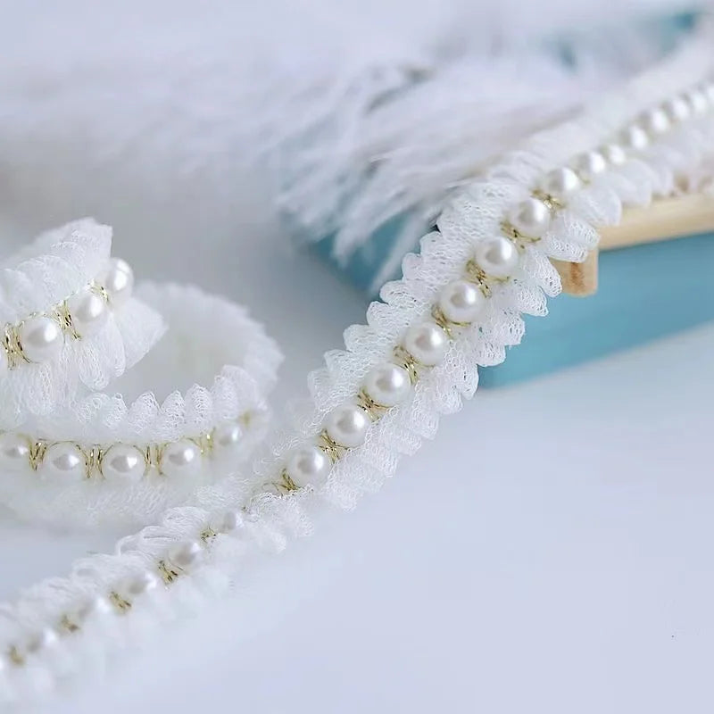 2CM Wide White Pleated Pearl Lace