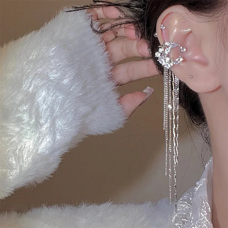 Shiny Zircon Moon & Star Long Tassel Ear Clip