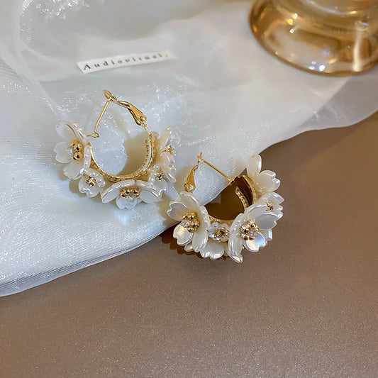 Elegant White Flower Hoop Earrings