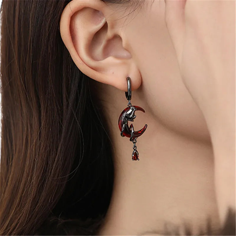 Asymmetric Red Moon Rose Goth Earrings