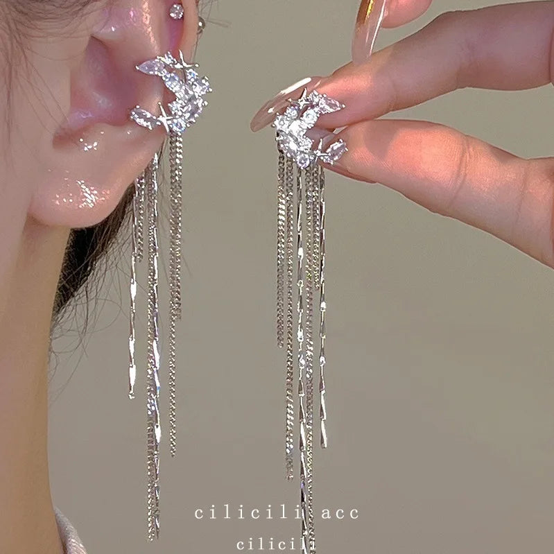 Shiny Zircon Moon & Star Long Tassel Ear Clip