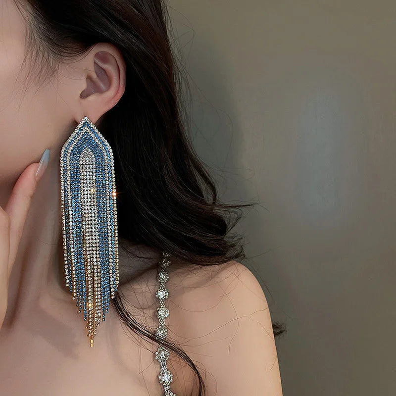 Blue Silver Crystal Drop Tassel Earrings