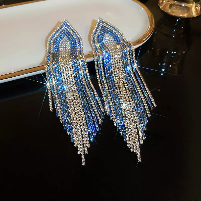 Blue Silver Crystal Drop Tassel Earrings