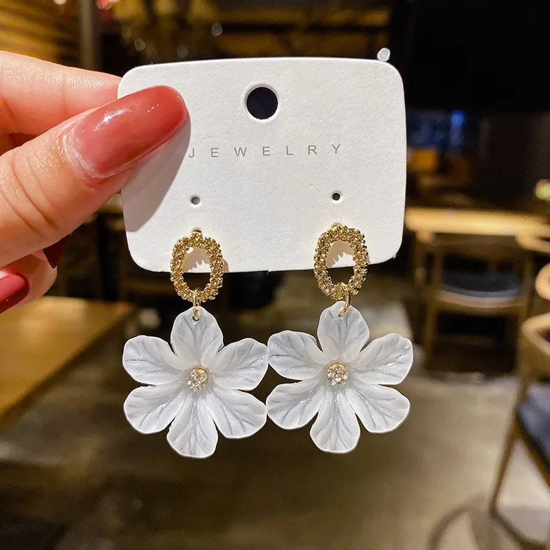 White Flower Drop Earrings