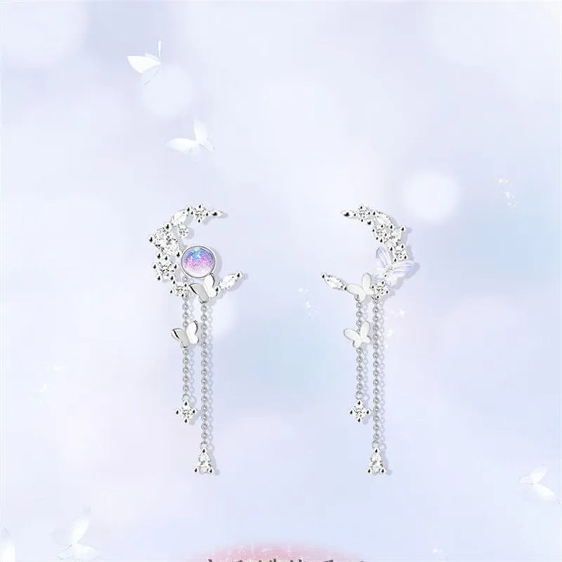 Cute Zircon Moon Tassel Earrings