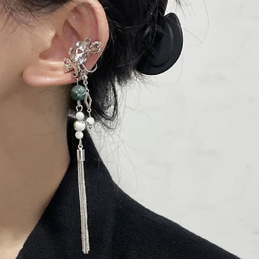 Vintage Chinese Style Artificial Jade Tassel Flower Ear Clip