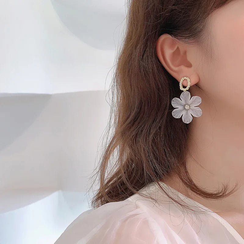 White Flower Drop Earrings