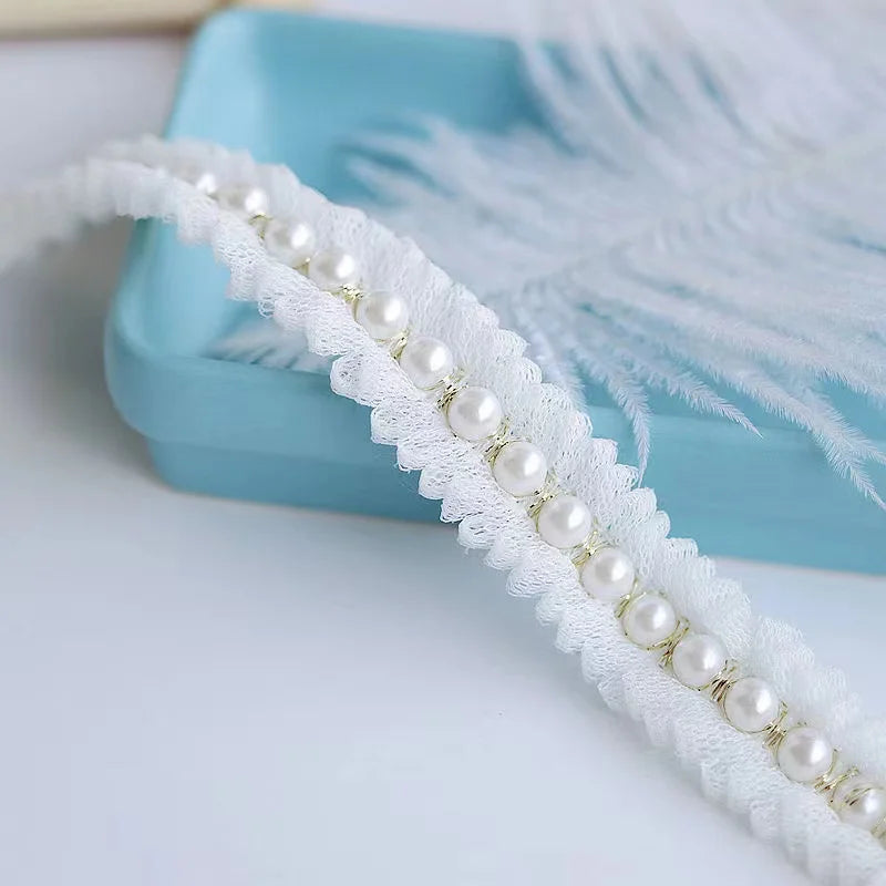 2CM Wide White Pleated Pearl Lace