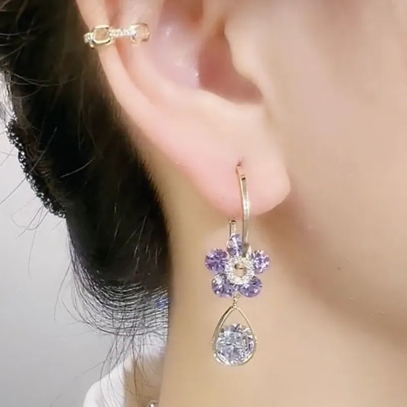 Purple Crystal Flower Dangle Earrings