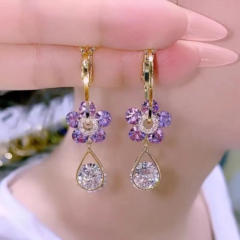 Purple Crystal Flower Dangle Earrings