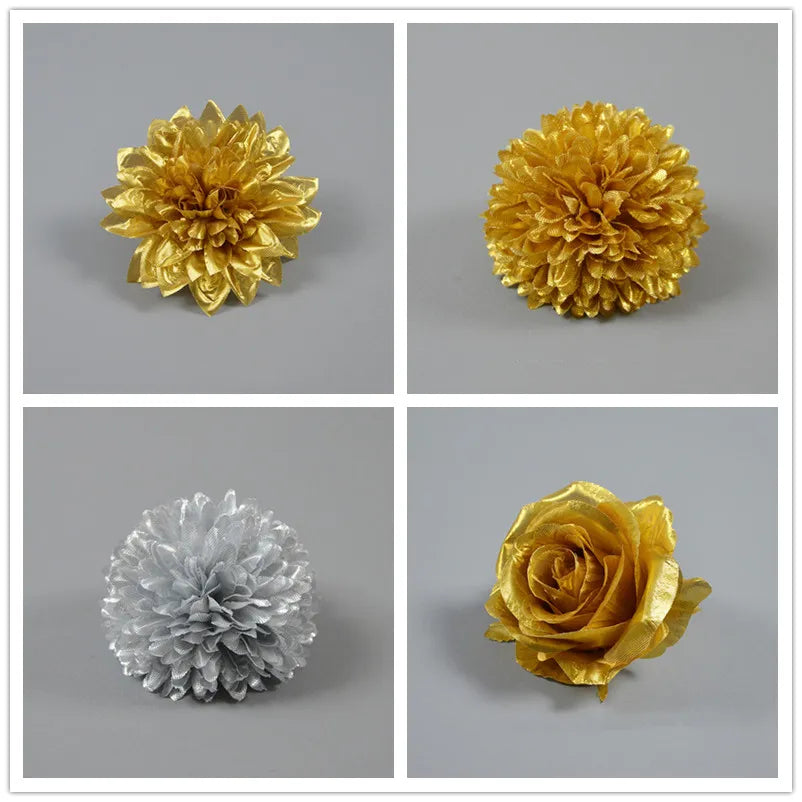 50Pcs Beautiful Gold or Silver Silk Flower Heads