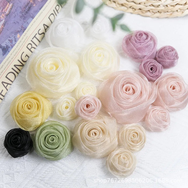 Organza Artificial Snow Rose Flower Head