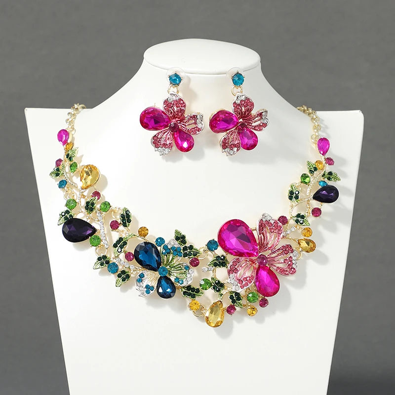 Colorful Flower Bride Wedding Necklace & Earring Set