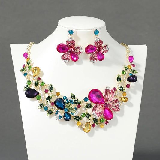 Colorful Flower Bride Wedding Necklace & Earring Set