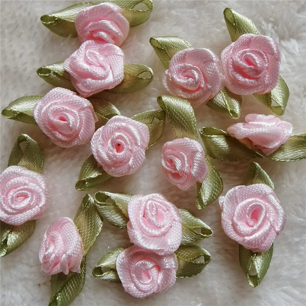 100PCS/Lot Mini Satin Ribbon Handmade Rose Flowers