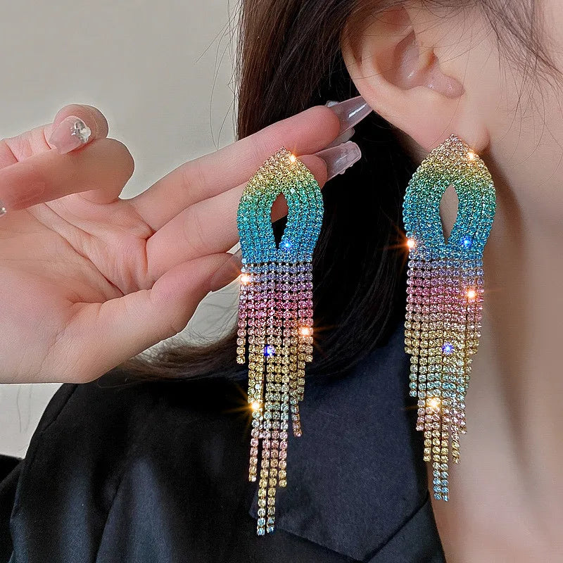 Shiny Rainbow Color Crystal Tassel Earrings