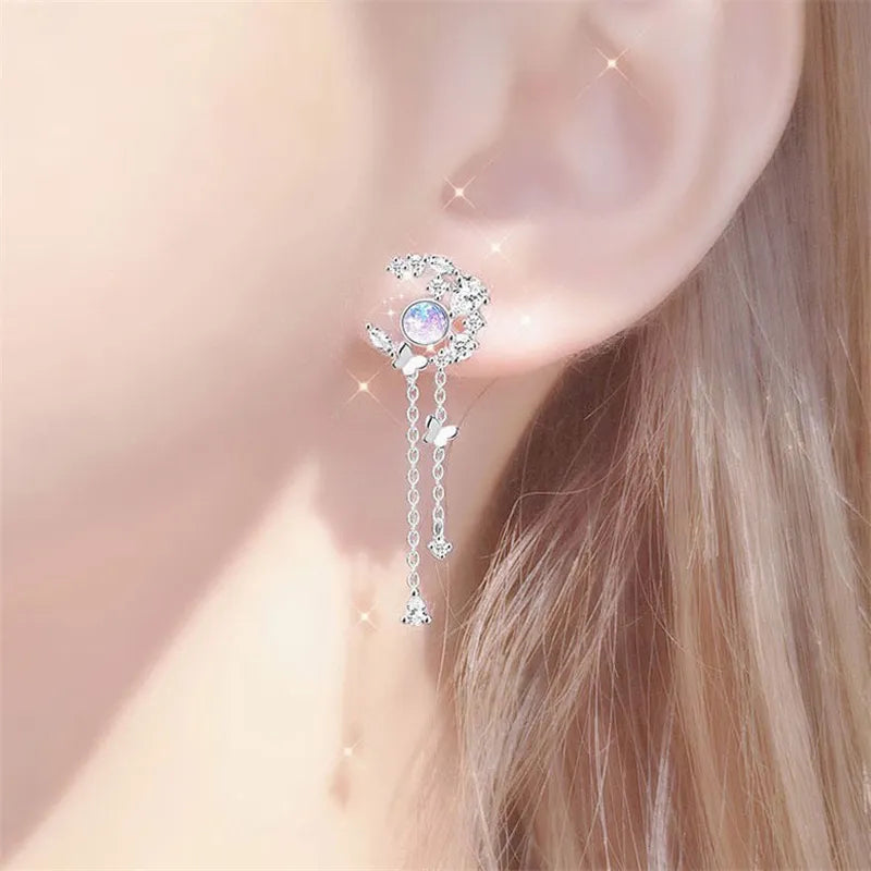 Cute Zircon Moon Tassel Earrings