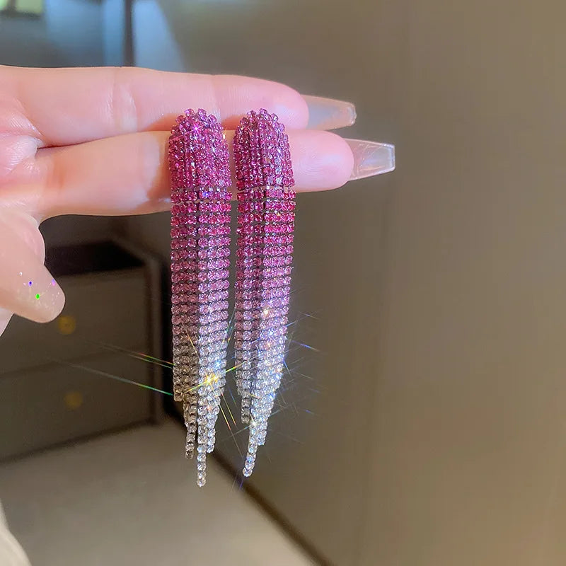 Shiny Rainbow Color Crystal Tassel Earrings