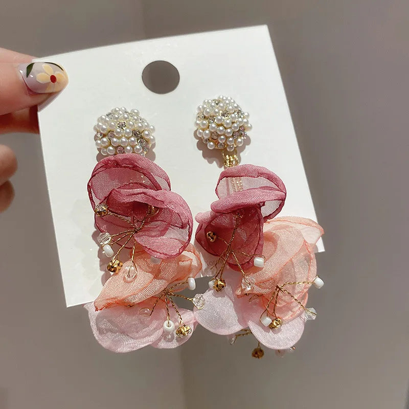 Beautiful Bohemian Pink Chiffon Flower Earrings