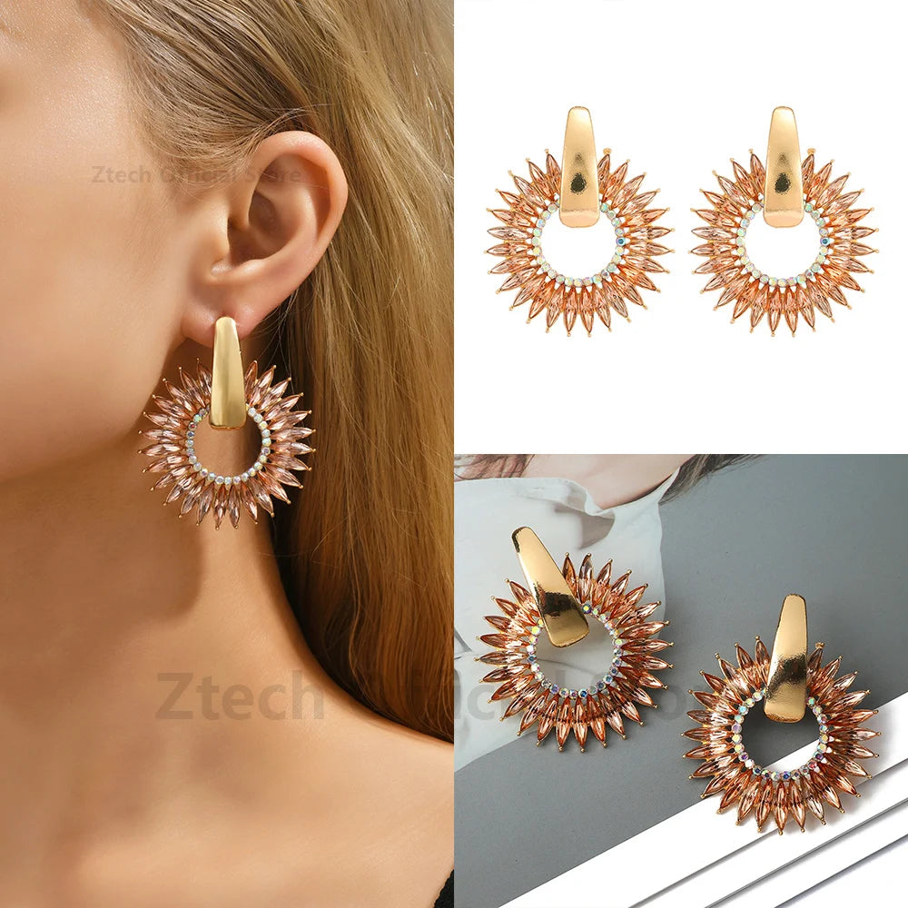 Elegant Crystal Round Flower Earrings