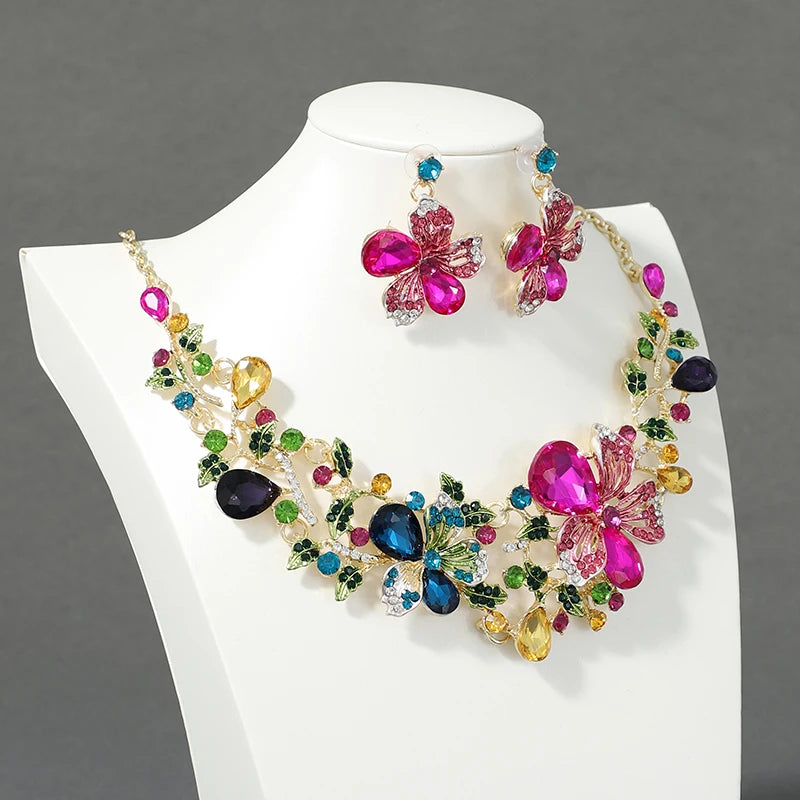 Colorful Flower Bride Wedding Necklace & Earring Set