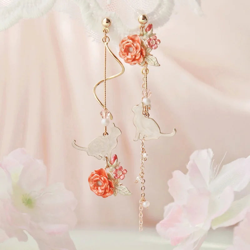 Pretty Flower Asymmetrical Dangle Earrings